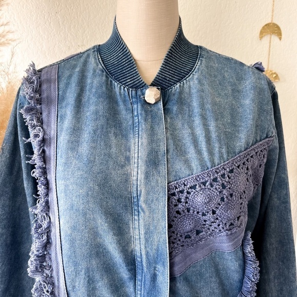 VINTAGE Marsha Sport Chambray Crochet Zip Up Bomber Jacket - Picture 3 of 16